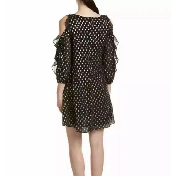 Eliza J Elegant Black Gold Polka Dot Cold Shoulder Ruffle Dress size 10 - Picture 2 of 11